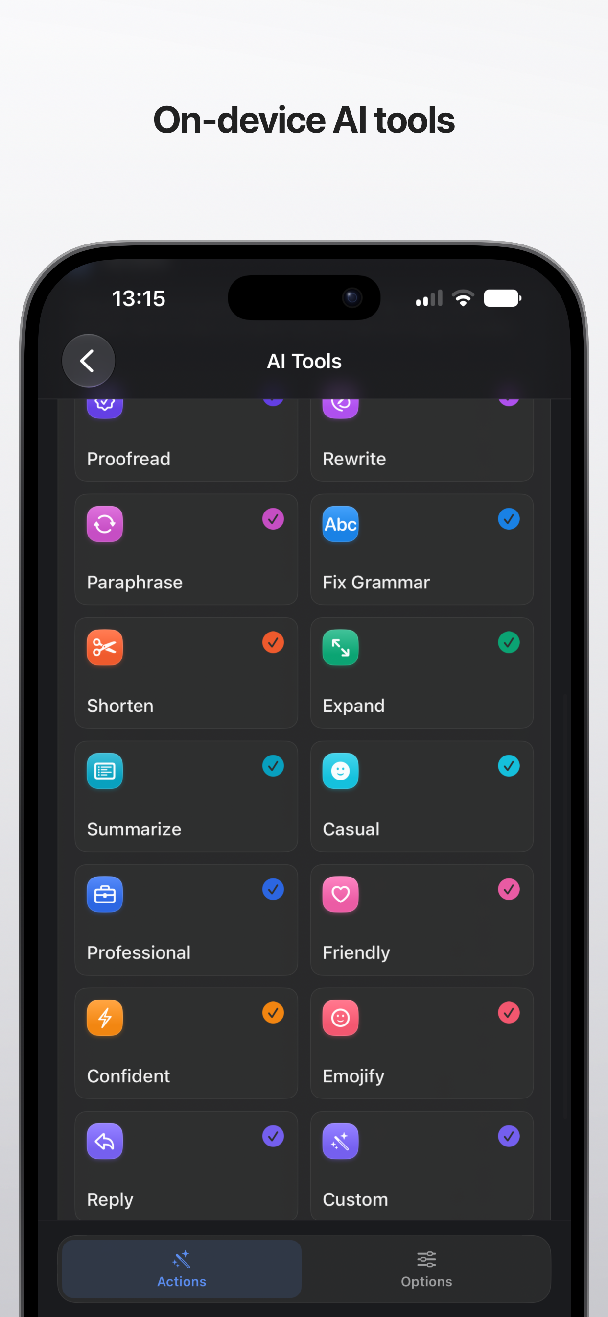 AI Tools com ações rever, reescrever, encurtar, expandir, resumir e tom