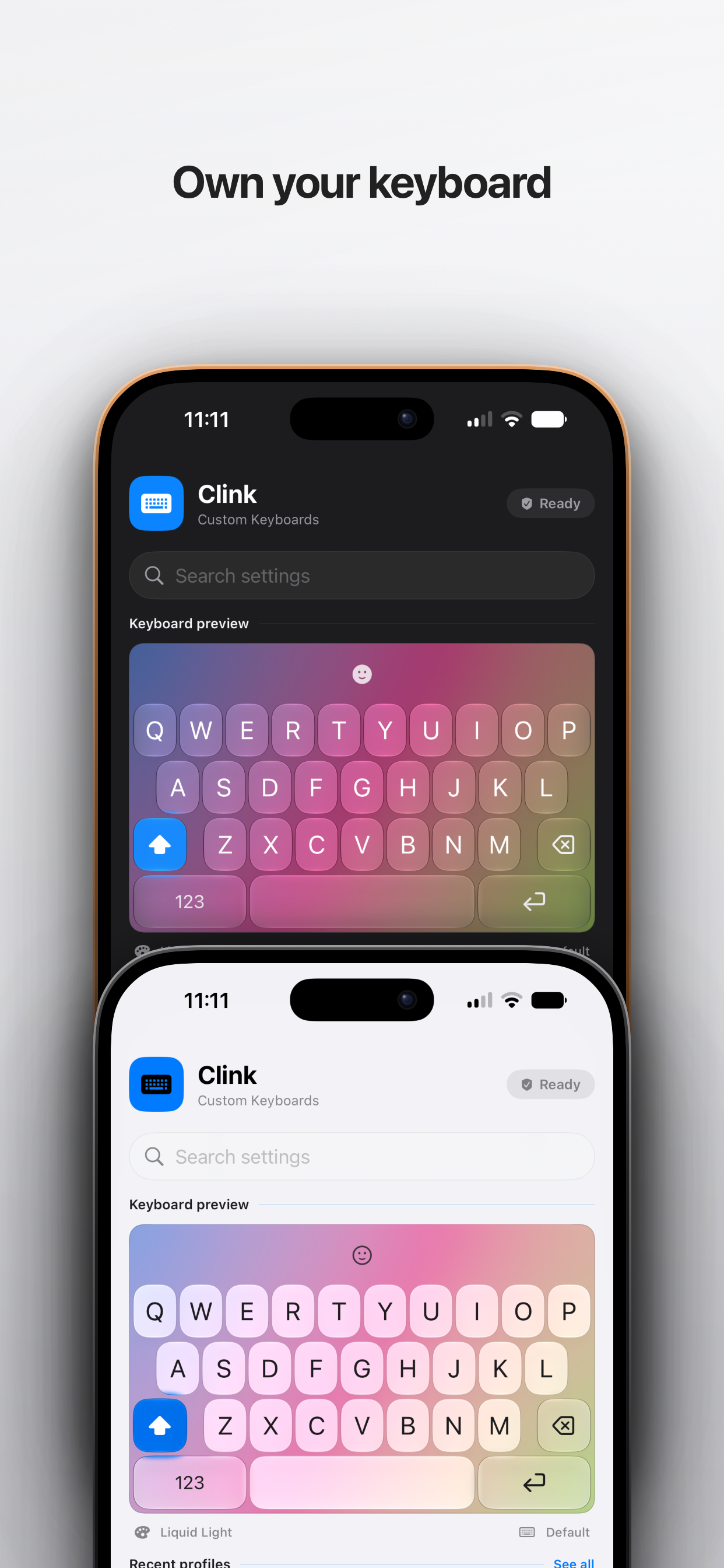 A app Clink com pré-visualização ao vivo do teclado em escuro e claro