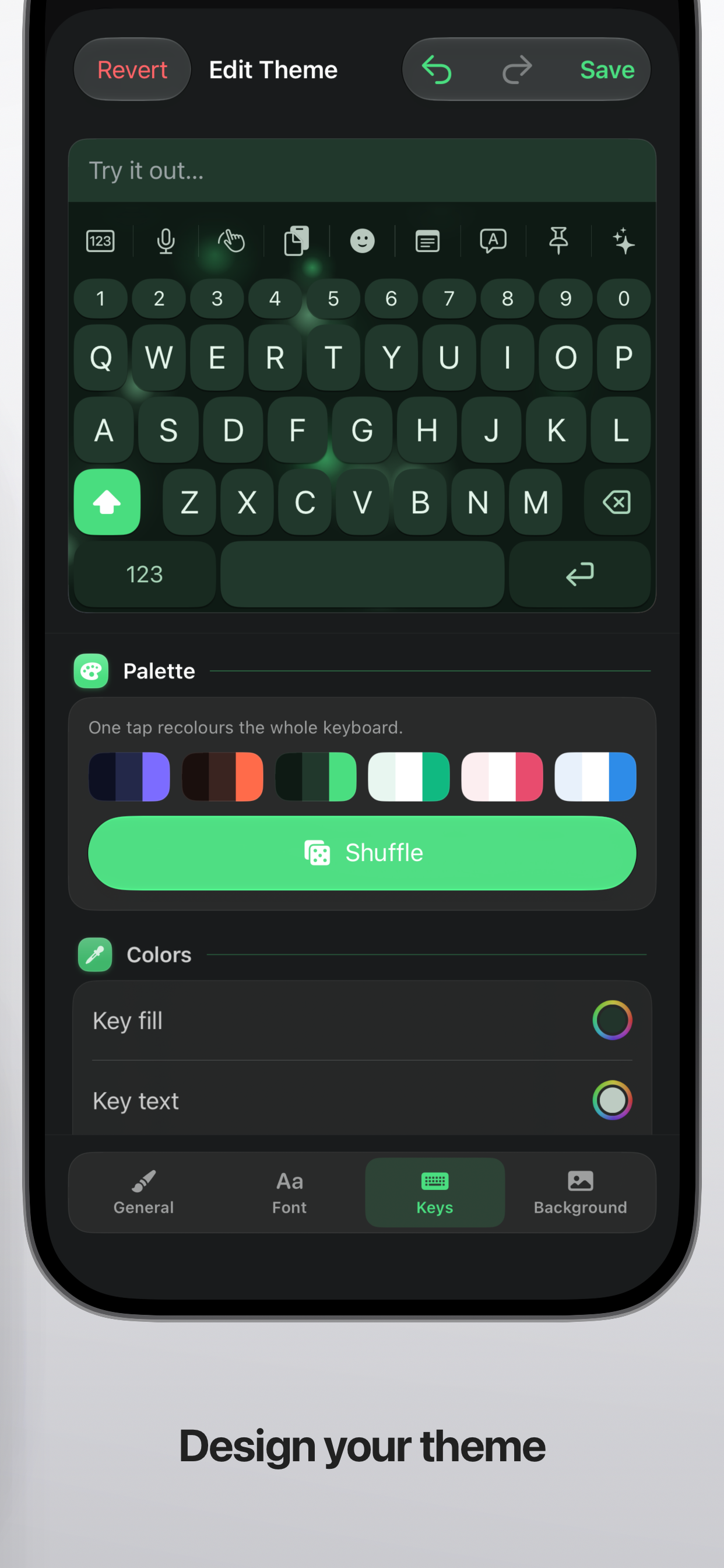 O editor de temas com seletor de paleta e controlos de cor das teclas