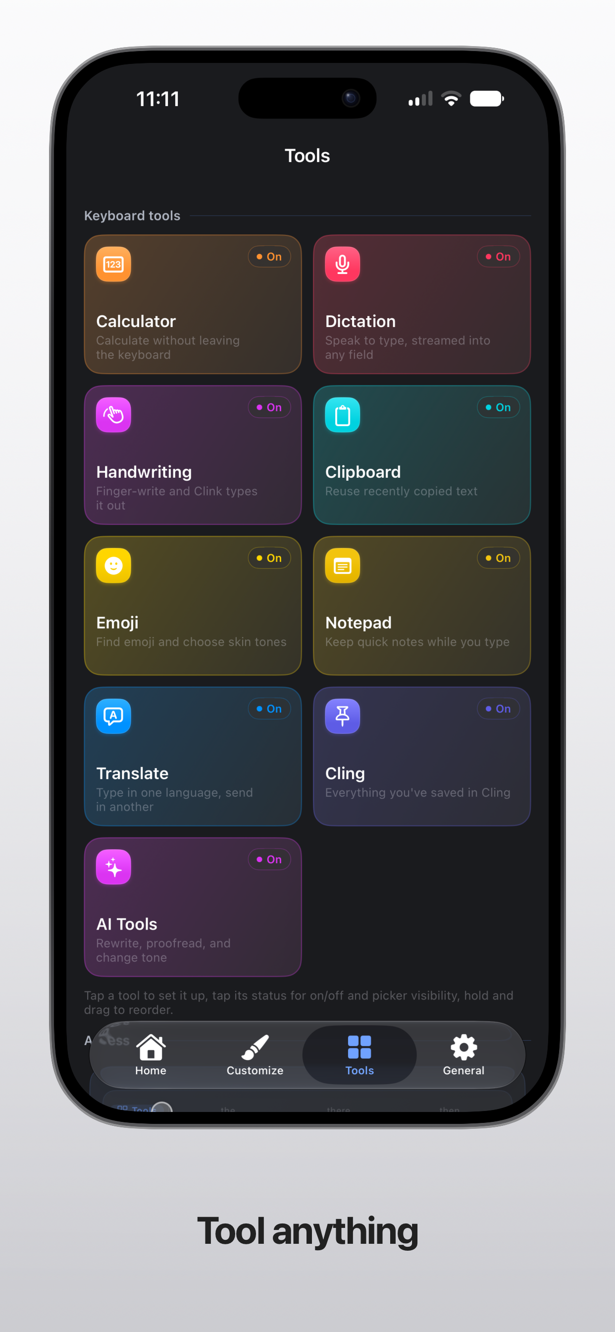 O ecrã de ferramentas com calculadora, ditado, escrita à mão, área de transferência, emoji, bloco de notas, tradução e painéis AI
